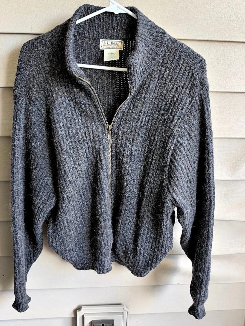 VTG LL Bean Sweater Womens M Gray Wool Alpaca Knit Full Zip Mock Neck Layering